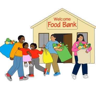 A diverse group of families carrying colorful bags filled with food donations approaches a local food bank building. The first family consists of a man and a woman, both smiling, with the man carrying a bright blue bag and the woman holding a yellow one. The second family has two children, a boy wearing a red shirt and a girl in a pink dress, both excitedly holding a green bag. Behind them, a woman with dark hair is holding a large canvas tote filled with various food items. The food bank building is visible in the background, featuring a welcoming sign above the entrance that reads "Food Bank." The scene is lively, with other families also arriving, contributing to the atmosphere of community support.