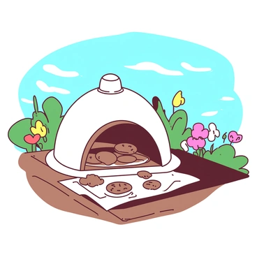 A white solar oven is positioned on a wooden table under bright sunlight. The oven's reflective panels are angled towards the sun, creating a focused beam of light inside. Through the glass door, several chocolate chip cookies are visible, slowly baking on a metal tray. Surrounding the oven, there are a few green leaves and colorful flowers that add a touch of brightness to the outdoor scene. The sky above is clear and blue, emphasizing the sunny day.