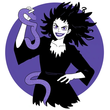 A duotone character illustration features "Bellatrix Lestrange" with wild black hair, her pale skin contrasting sharply against the dark background. She has a "menacing grin" on her face, showcasing her malicious intent. In her right hand, she tightly grips a "venomous snake" that coils around her arm, its scales glistening. The snake's eyes are narrowed, reflecting a dangerous nature. Bellatrix wears a dark, tattered dress that adds to her ominous presence, with her left hand resting on her hip in a threatening pose. The atmosphere is charged with tension, as she stands against a shadowy backdrop, highlighting her sinister aura.