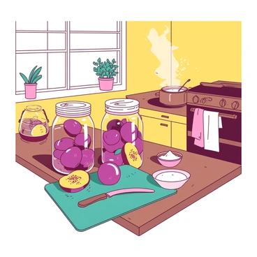 A yellow kitchen with bright sunlight streaming through the window. On a wooden countertop, there are several glass jars filled with plums, some plums are whole while others are cut in half. A teal cutting board is placed next to the jars, with a knife resting on top. Various ingredients, including a bowl of sugar, a jar of spices, and a small dish of salt, are scattered around the countertop. In the background, there is a stove with a pot simmering, and a few fresh herbs are placed in a small vase on the windowsill. An apron hangs nearby, suggesting someone has been busily working in the kitchen.