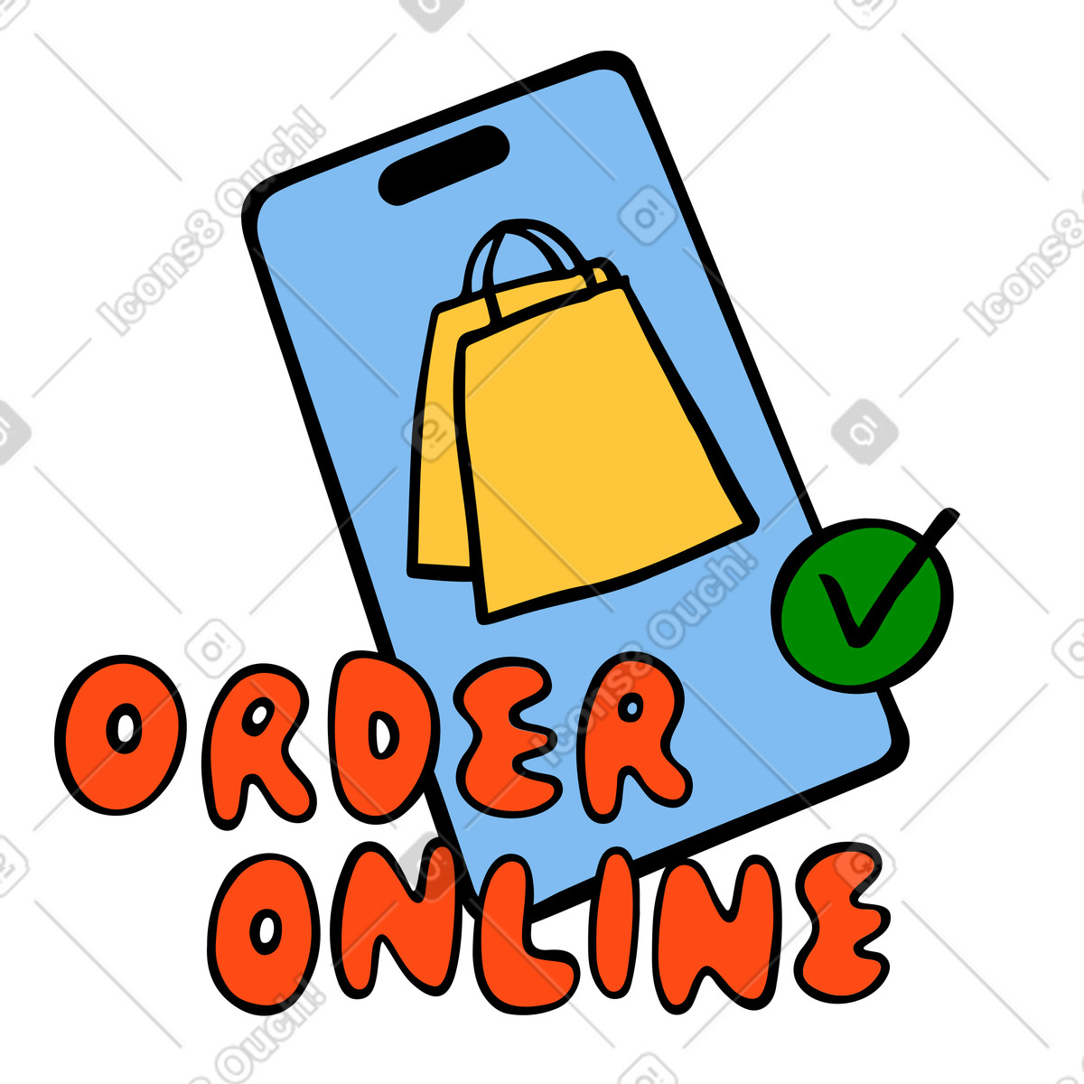 Text order online and mobile shopping illustration in Comic style download in PNG, SVG