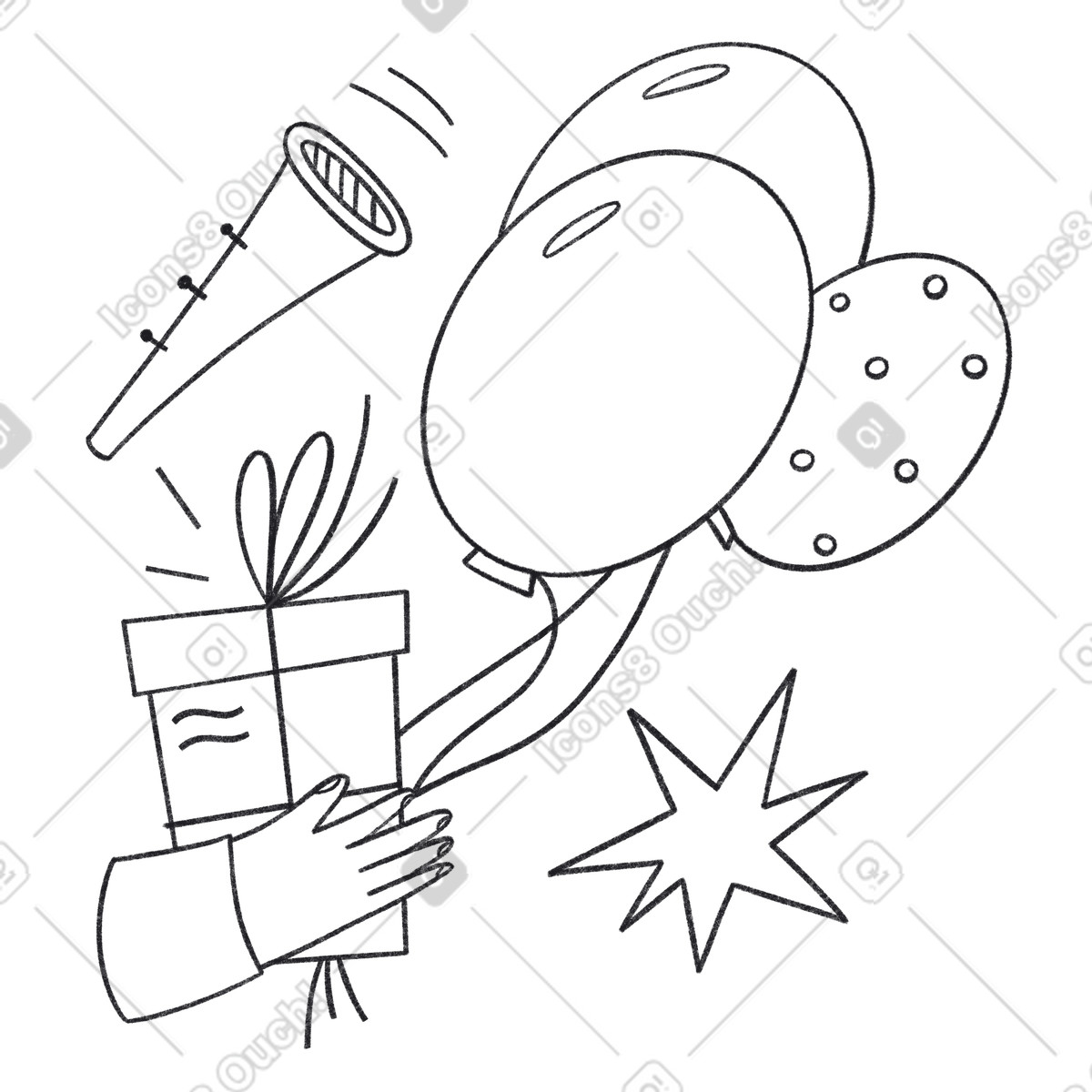 Holiday greeting with a gift box and balloons illustration in Bonbon Line style download in PNG, SVG