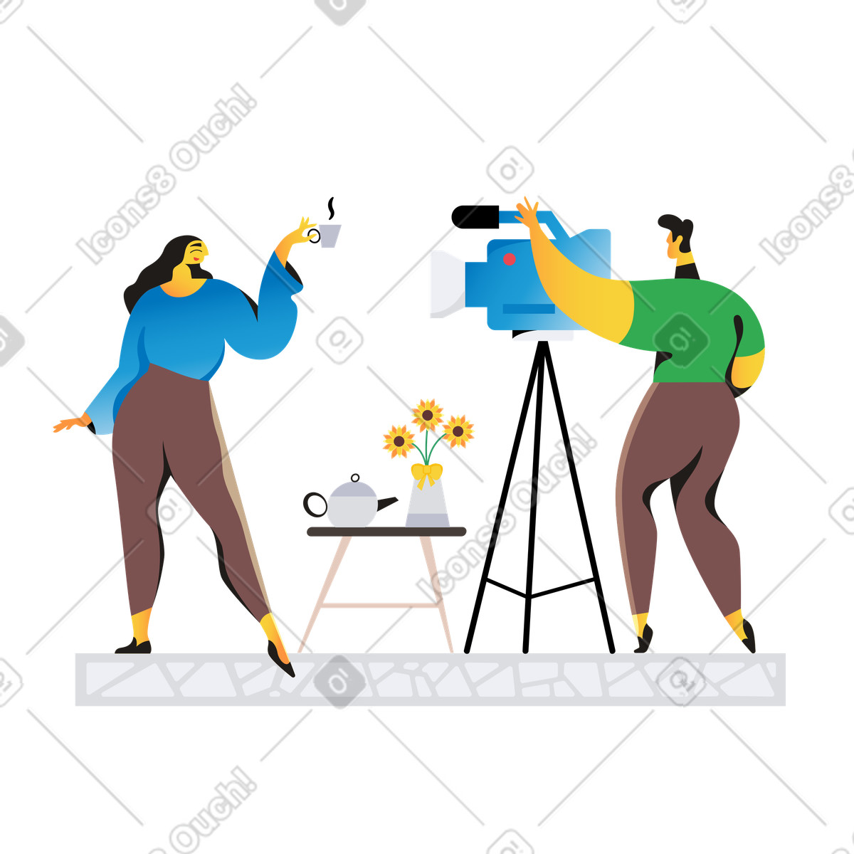 Persone che filmano spot pubblicitari di caffè illustrazione in stile Jaconda scarica in PNG, SVG