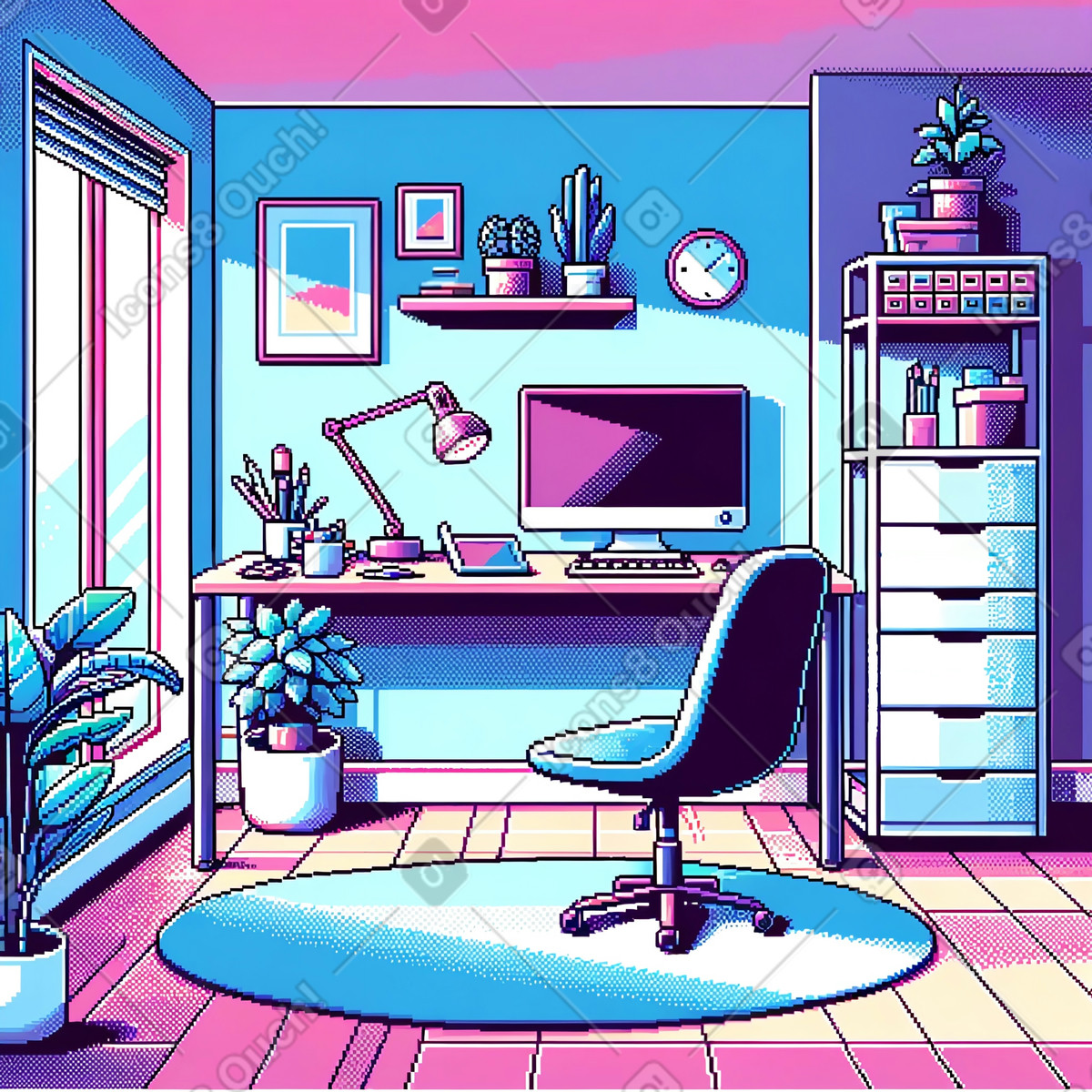 Organized home office in pixel style, Workspace background illustration in PNG, SVG