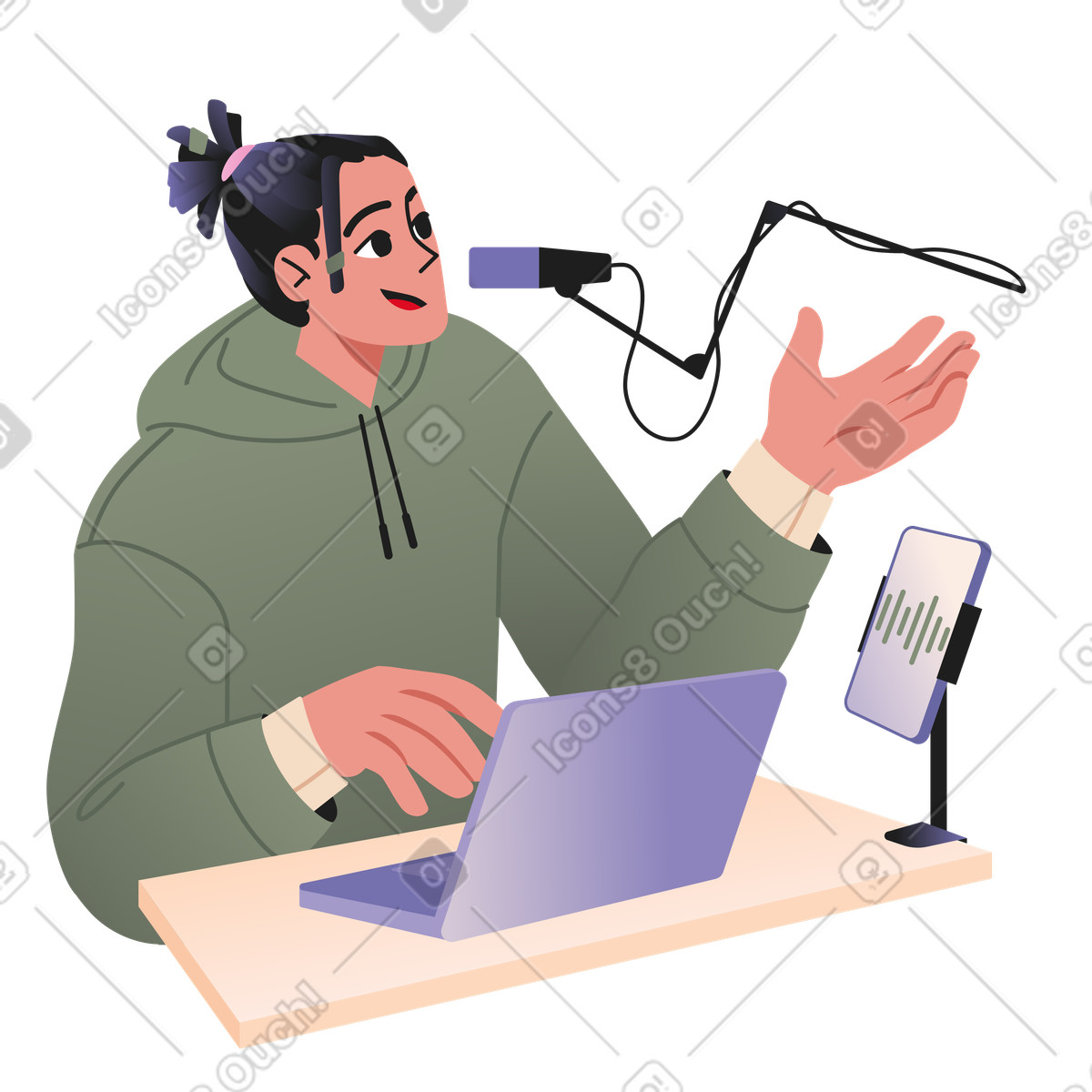 Content creator recording a podcast animated illustration in Coworking style download in GIF, Lottie (JSON), AE