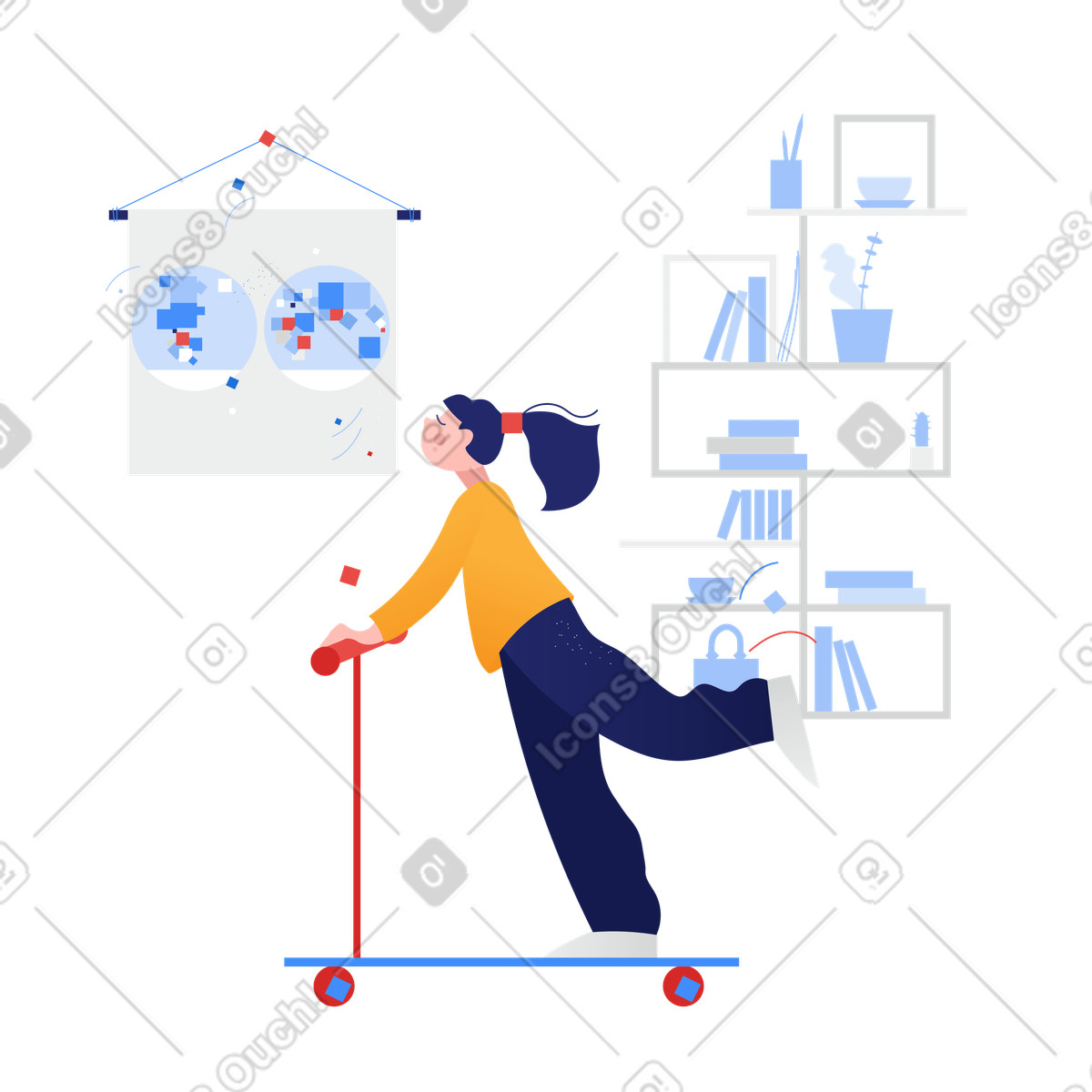 Illustration Girl riding a scooter at home. Stay home concept dans le style Clip à télécharger aux formats PNG, SVG