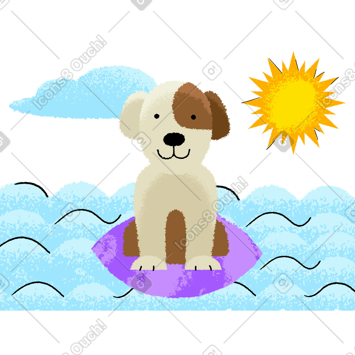 Cane seduto sulla tavola da surf in acqua illustrazione stile Mirage scarica PNG, SVG