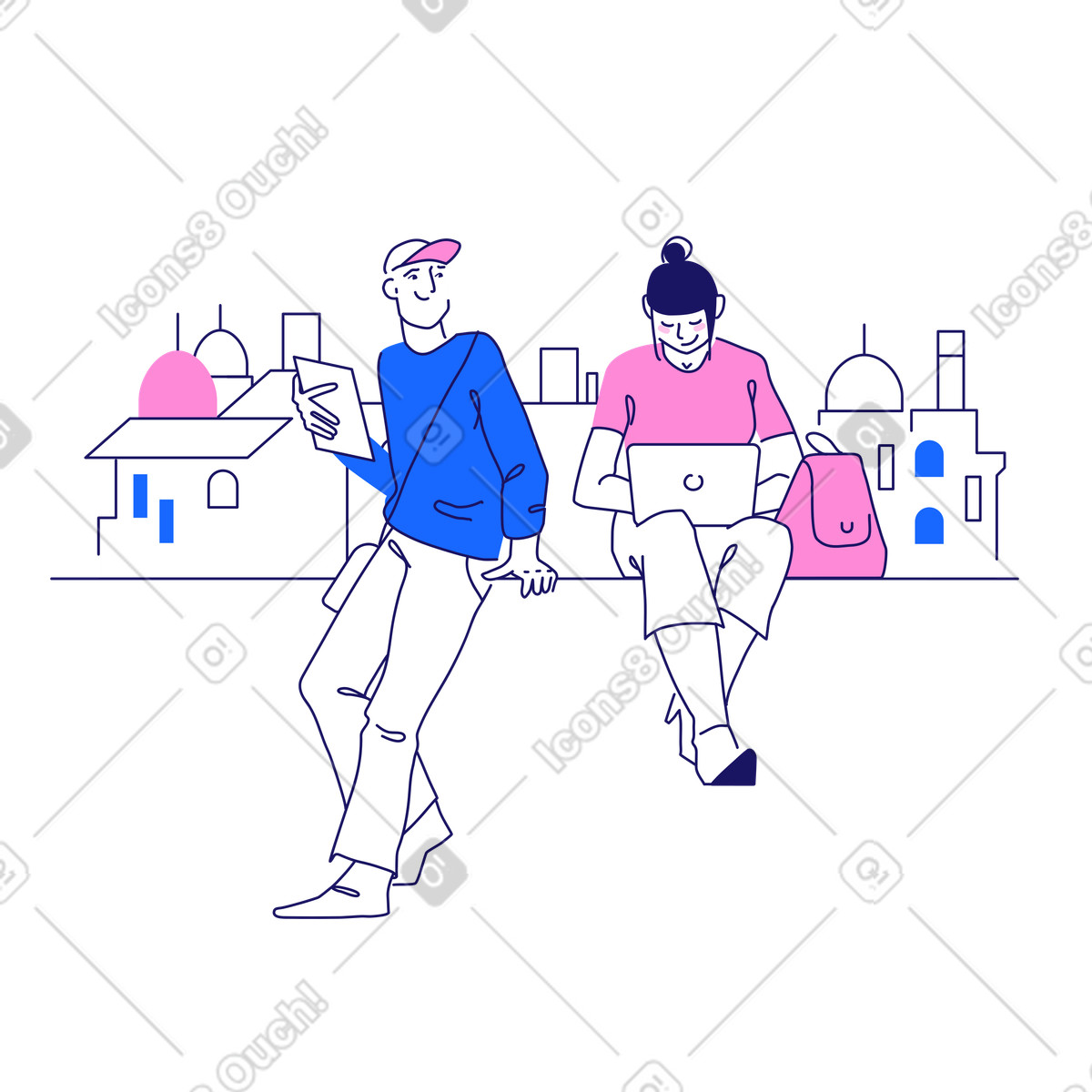 Ilustración Mujer y hombre trabajando remotamente en la calle estilo Matey a descargar PNG SVG
