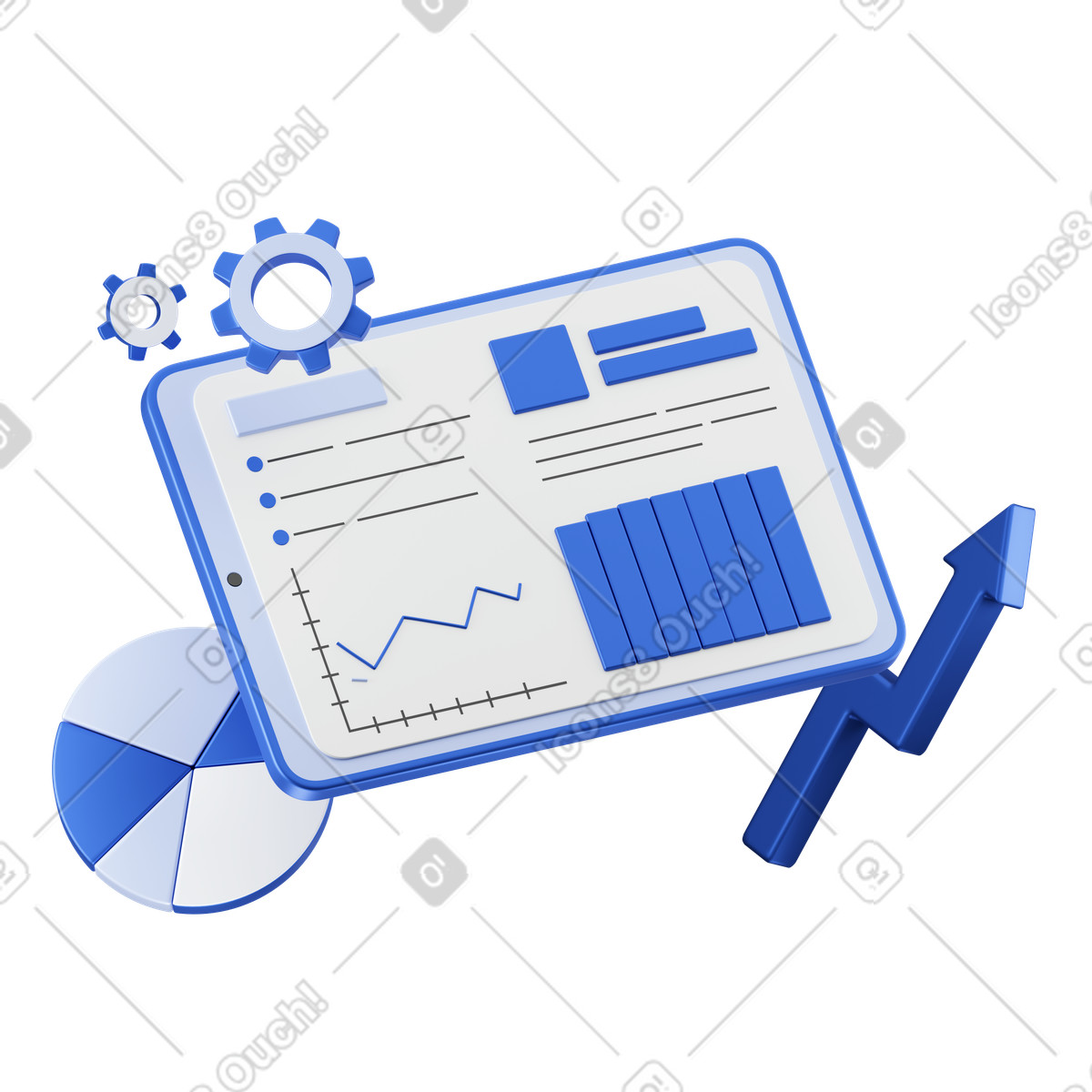 Business analytics on tablet screen, Statistics monitoring and performance tracking animierte Illustration im 3D Techny-Stil als Download in GIF, Lottie (JSON), AE