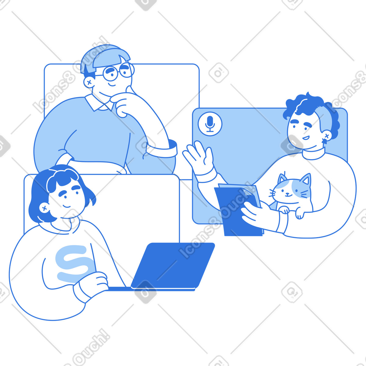 Teammates participating in online discussion, Remote work and digital communication illustration Sky style download PNG, SVG