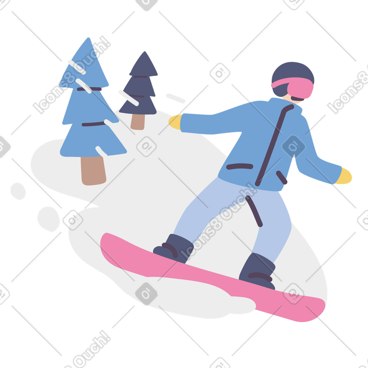 Pluto スタイルの スノーボーダーが雪の斜面を滑り降りて木々を通り過ぎる のイラストをPNG、SVG形式でダウンロード
