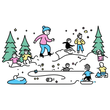 A skater doing playful poses while skating in a park filled with winter activities.