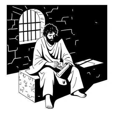 A dimly lit prison cell is depicted with stone walls and a barred window letting in a soft beam of light. In the center, "John the Baptist" is seated on a rough stone bench, looking pensive and weary. His robes are tattered and drape around him. In his hands, he holds a small, worn scroll, his eyes gazing down at it with a look of contemplation. The atmosphere is heavy with tension, emphasizing the gravity of his situation. Shadows cast by the light create a stark contrast around him, adding to the somber mood of the scene.