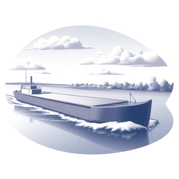 A grain barge is depicted in a detailed mosaic art piece. The barge is shown floating on water, with its hull partially submerged. The surface of the water reflects the shape of the barge and has small waves lapping gently against it. The sky above is bright, featuring a vibrant depiction of clouds arranged in various patterns. The background includes a distant shoreline with hints of vegetation and perhaps a few trees, adding depth to the composition.
