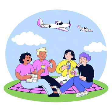 A group of four friends sitting on a checkered picnic blanket. The blanket is spread out on green grass with a picnic basket nearby. One friend is holding a sandwich, while another is sipping from a colorful drink. They are looking up, smiling as they watch a "Spitfire" airplane in the sky performing aerial stunts. The airplane is depicted in mid-flight, making a loop, with a clear blue sky as the backdrop. Fluffy white clouds are scattered throughout the scene.