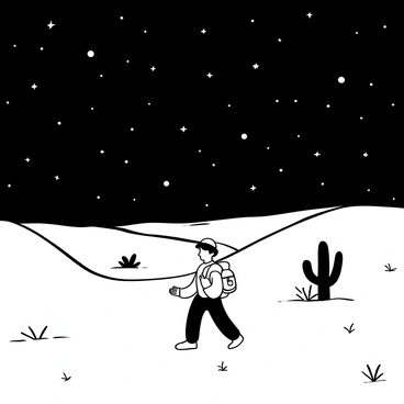 A Shugao figure walking across a vast desert landscape, carrying a small backpack. The desert floor is covered with rippled sand dunes, creating an undulating pattern. Sparse vegetation, such as cacti and small shrubs, appears intermittently throughout the scene. Above, a clear night sky is filled with numerous stars, twinkling brightly in the darkness. The silhouette of the Shugao figure contrasts against the starry backdrop. The scene captures the sense of solitude in the expansive desert.