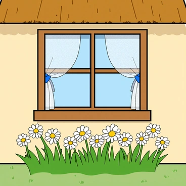 A quaint cottage with a thatched roof and light wooden walls. The window features delicate lace curtains that flutter gently in the breeze. Outside the window, there is a patch of vibrant green grass dotted with white daisies in full bloom, showcasing their round white petals and sunny yellow centers. The flowers stand tall, swaying slightly, creating a lively scene. The sunlight filters through the curtains, casting soft patterns on the window sill.