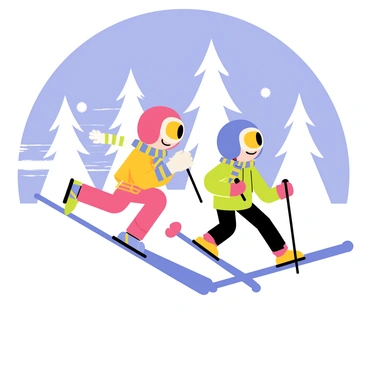 Cuphead and Mugman are skiing down a snowy mountain. Cuphead, with his signature red cup-shaped head and white gloves, is in the lead, leaning forward with excitement. Mugman, with his blue cup-shaped head, is following closely behind, wearing a big smile. Both characters are dressed in colorful winter attire, with scarves fluttering in the wind. The background features snow-covered trees and a bright blue sky, creating a picturesque winter landscape. Snow is flying up behind them as they glide down the slope.