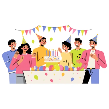 A child with curly brown hair wearing a colorful party hat is blowing out candles on a round birthday cake adorned with bright frosting and sprinkles. The cake is placed on a festive table decorated with balloons and confetti. Surrounding the child are smiling family members and friends, each holding colorful party hats. A person on the left is clapping their hands, while another on the right is capturing the moment with a camera. The background features a banner that reads "Happy Birthday" in vibrant letters.