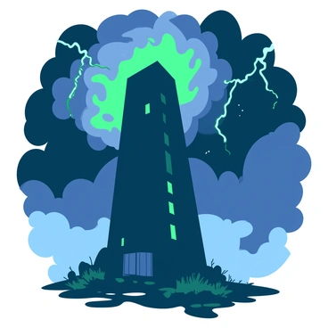 A tall, mysterious tower lit by eerie green lights in a stormy landscape