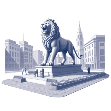 A grand statue of a lion stands prominently in the center of a bustling city square. The lion is depicted in a fierce pose, with its mouth open in a roar, symbolizing courage and strength. The statue is intricately detailed, showcasing the texture of the lion's mane and the powerful musculature of its body. Surrounding the statue, there are cobblestone paths that lead to various benches and flower beds, adding to the vibrant atmosphere of the square. In the background, a variety of city buildings rise, framing the scene with their architectural details. People are gathered around the statue, admiring its grandeur and taking photographs.