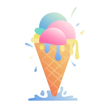 A waffle cone is upright in the center of the image, and several scoops of colorful ice cream, including pink, blue, and yellow, are spilling out in a cascading manner. The ice cream is depicted in a fluid form, capturing the motion of it dripping downwards from the cone. The cone itself has a textured pattern, enhancing its realism. Around the melting ice cream, small droplets are suspended in the air, illustrating the slow-motion effect. The background features soft gradients that emphasize the vibrant colors of the ice cream, creating a whimsical and playful atmosphere.