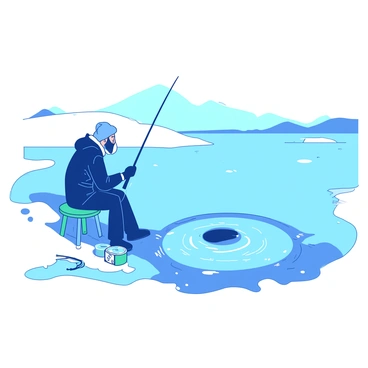 A frozen lake stretches across the scene, the surface glistening under a bright winter sun. In the center of the lake, a single ice fisherman is sitting on a small teal stool. He is dressed in thick winter clothing, which appears warm and insulated. He leans forward, intently watching a circular hole in the ice where a fishing line disappears below the surface. Snow is scattered lightly around the fisherman, creating a contrast with the blue and white of the ice and snow. A pair of fishing gear, including a rod and a colorful bait container, lies beside him on the ice. The atmosphere conveys a sense of quiet solitude in the vast winter landscape.