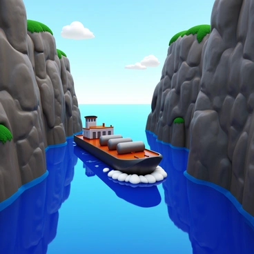 A small bunker barge with a dark hull and rusty exterior is maneuvering through a narrow inlet. The barge has multiple storage tanks and a small cabin at the stern. Surrounding the inlet are tall, rugged cliffs with rough textures and patches of greenery. The water is a deep blue, reflecting the cliffs above. The sky is clear with a few fluffy clouds. The scene captures the tension of navigation in a constricted waterway.