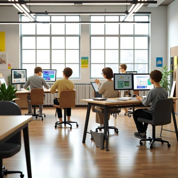 A creative studio filled with bright, natural light streaming through large windows. Multiple graduates are engaged in various digital projects at their workstations. One graduate with short brown hair is intently focused on a computer screen, editing graphics with a graphic tablet. Another graduate with curly hair is collaborating on a project, discussing ideas while pointing at a large monitor displaying colorful designs. A third graduate with glasses is seated at a desk filled with sketchbooks and sticky notes, brainstorming ideas. The walls are adorned with vibrant artwork and posters, reflecting the creativity of the environment. The studio has modern furniture with wooden desks and comfortable chairs.