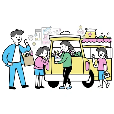 A family loading groceries into a taxi outside a bustling market