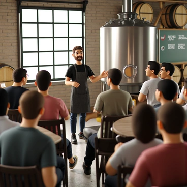 A craft brewer with short brown hair and a light beard, wearing a black t-shirt and an apron, stands in front of a large stainless steel brewing kettle. He is smiling and gesturing with one hand as he explains the brewing process to a group of visitors. The visitors, a diverse group of men and women, are attentively listening, some taking notes. The microbrewery features wooden barrels stacked in the background and a chalkboard displaying the day's brew selections. Sunlight filters through large windows, casting a warm glow over the space.
