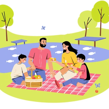 A family of four is sitting on a red and white checkered blanket spread out on a green grassy area by the edge of a fish pond. The parents, a father and a mother, are smiling as they share sandwiches and fruit slices with their two children, a boy and a girl. There is a picnic basket filled with various snacks next to them. The pond reflects the blue sky and fluffy white clouds, with a few fish swimming gently beneath the surface. In the background, there are several trees providing shade, and a small wooden dock extends into the water. A butterfly flutters nearby, adding to the joyful scene.