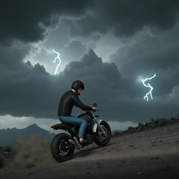 A biker, wearing a black leather jacket, a matching helmet, and blue jeans, is skillfully drifting on a black motorcycle. The motorcycle is kicking up dirt as it slides along a rugged terrain. The landscape features dark, stormy skies filled with swirling gray and black clouds, creating a dramatic atmosphere. Bright flashes of lightning illuminate the scene, highlighting the biker's focused expression. In the distance, jagged mountains emerge from the tumultuous clouds, adding to the intensity of the stormy backdrop.