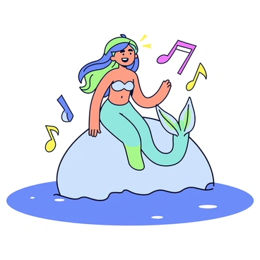 A mermaid sits on a smooth rock, her long flowing hair cascades down her back in vibrant shades of blue and green. She has a glossy tail that shimmers in hues of aqua and silver. Her mouth is open in song, radiating joy. Surrounding her are musical notes, illustrated as whimsical swirls in the air, with a few notes in bright colors like yellow and pink. The rock sits amidst gentle waves lapping at its base, and the water glistens under a bright sun.