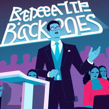 An influential figure with dark skin, wearing a tailored suit and glasses, stands confidently at a podium. The background features a large audience, with diverse individuals seated and attentively listening. The speaker gestures passionately with one hand raised, emphasizing the importance of civil rights. A banner behind them reads "Repeal the Black Codes" in bold letters. The scene captures the intensity of the moment, with dramatic lighting highlighting the speaker's face and the engaged expressions of the audience members.