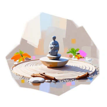 A zen garden featuring a "Virgo" stone sculpture positioned prominently in the center. The sculpture is carved from dark stone, depicting a figure in a graceful pose that embodies the characteristics of Virgo. Surrounding the sculpture, the raked sand creates intricate patterns of lines, radiating outward in symmetrical formations. Small, smooth pebbles are scattered throughout the garden, adding texture against the soft sand. A few carefully placed pieces of driftwood lie near the edges, enhancing the natural feel of the serene setting.