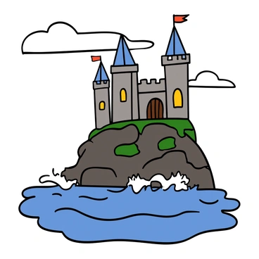 A grand ancient castle made of stone, featuring tall towers and intricate battlements, perched majestically on a rocky cliff. The castle has large arched windows and a wooden door, with banners and flags waving in the wind atop its towers. Below the cliff, the ocean waves crash against the rocks, creating a dramatic scene. The sky is partly cloudy, adding depth to the atmosphere surrounding the castle.