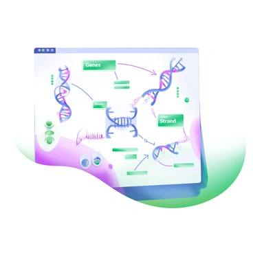 A modern pastel illustration featuring a knowledge graph with interconnected nodes representing "Genes" and "DNA Strands." The nodes are depicted in soft shades of blue and green, with lines connecting them in a clear, structured layout. Small icons representing various genetic elements, such as a double helix, chromosomes, and genetic markers, are scattered throughout the graph. Each element is labeled with concise text in a readable font, clearly showcasing the genetic relationships. The background is simple to keep the focus on the graph's details and connections.