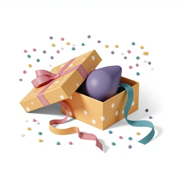 A gift box, elegantly wrapped in shimmering gold paper with intricate patterns, sits on a decorative table. The box is partially opened, revealing a luxurious vibrator nestled inside, designed with smooth curves and a glossy finish in shades of deep purple. Colorful ribbons cascade from the box, with a bright red bow prominently featured on top. Surrounding the box, vibrant confetti in various shapes and colors is scattered across the table, adding a festive atmosphere to the scene.