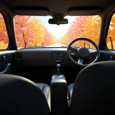 A car interior with a view of vibrant autumn leaves through the windows