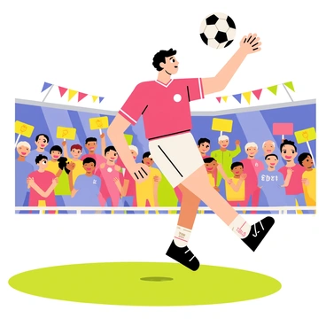 A soccer player wearing a bright red jersey and white shorts is kicking a classic black and white soccer ball mid-air. The player is in a dynamic pose, with one leg extended and their foot making contact with the ball. The background features a vibrant stadium filled with cheering fans waving colorful flags and holding up signs. The grass field is a rich green, and the stadium lights are shining down, illuminating the scene.