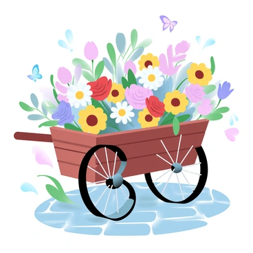 A vibrant flower cart overflowing with colorful blooms on a sunny street corner