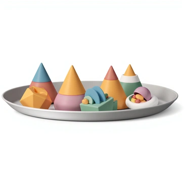 A sleek, metallic tray with a smooth, reflective surface. The tray is filled with various 3D geometric food items, including vibrant tetrahedrons made of bright fruits, spherical salads with colorful vegetables, and pyramid-shaped desserts with glossy coatings. Each food item displays unique textures and vivid colors, arranged artistically across the tray for an eye-catching presentation.