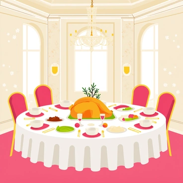 A grand dining room featuring high ceilings and elegant wallpaper with floral patterns. A large, polished wooden dining table is set in the center, adorned with a white tablecloth and golden cutlery. A sparkling chandelier hangs from the ceiling, casting a warm glow over the scene. The table is filled with a Boxing Day feast, including a golden-brown roasted turkey at the center, surrounded by various colorful side dishes, such as green beans, cranberry sauce, and mashed potatoes. There are festive decorations, including red and green napkins, and small pine branches placed in the center as a centerpiece. Fine china plates and crystal glasses complete the lavish setting.