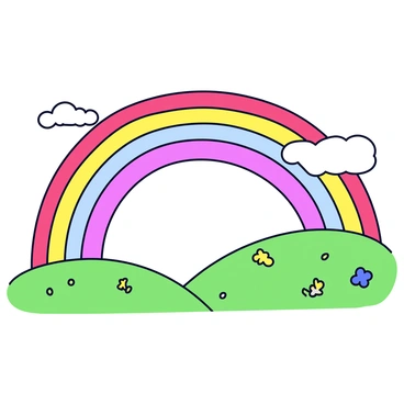 A vibrant rainbow arching across the sky. The rainbow features bright colors, blending seamlessly from red to violet. Below the rainbow are rolling green hills, covered in fresh grass that glistens with droplets of water. The hills have gentle slopes and a few scattered wildflowers in various colors. The sky above is clear with a few fluffy white clouds.