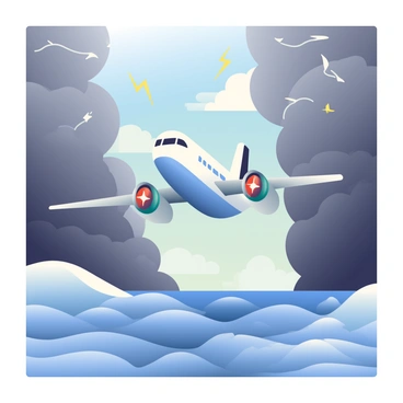 A large airplane with a white fuselage and blue accents is flying through a dramatic gap in a stormy sky. Dark gray clouds surround the airplane, with flashes of lightning illuminating the scene. The gap reveals patches of bright blue sky, contrasting with the ominous clouds around it. The wings of the airplane are extended, and the propellers are spinning rapidly, creating a sense of motion. Below, the turbulent sea is visible, with waves crashing against each other.