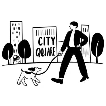 A man wearing a dark suit holding a leash that is attached to a small dog. The dog is playfully pulling forward, with its ears perked up and tail wagging. The man is walking in a city square surrounded by tall buildings. There are trees lining the square, and a few passersby in the background are observing the scene. The words "City Square" are displayed prominently in the image.