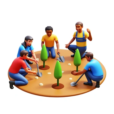 A diverse group of individuals, including people of different ethnicities and ages, is planting small green trees in a barren area. Some individuals are kneeling down, carefully placing young saplings into the ground. Others are using shovels or trowels to dig holes for the trees. The individuals are wearing casual, practical clothing suitable for gardening. Sunlight is shining brightly, and the barren area shows patches of dry soil, contrasting with the vibrant green of the new saplings.