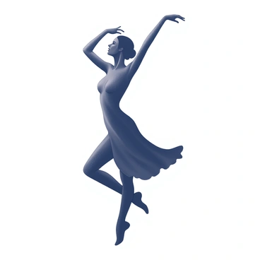 A silhouette of a woman dancing gracefully. The figure is portrayed in motion, with one leg extended and the other bent. She is wearing a flowy dress that billows around her as she moves. The arms are raised above her head, capturing the elegance of her pose. The background is minimal, emphasizing the contours and movements of the silhouette.