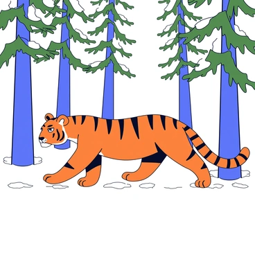 A Siberian tiger with vibrant orange fur and bold black stripes prowls through a forest covered in a light dusting of snow. The tiger's piercing amber eyes are focused ahead as it moves gracefully among the snow-laden trees. The ground is blanketed in white snow, with patches of dark earth peeking through. Surrounding the tiger are tall pine trees with green needles, their branches slightly weighed down by the snow.